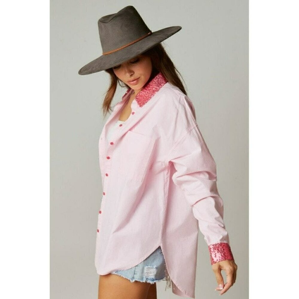 Made My Day Smile Sequin Outline Patch Shirt in Pink - Picture 9 of 10